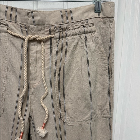 Anthropologie Beige Striped High Waist Cropped Linen Blend Pants - Picture 3 of 10